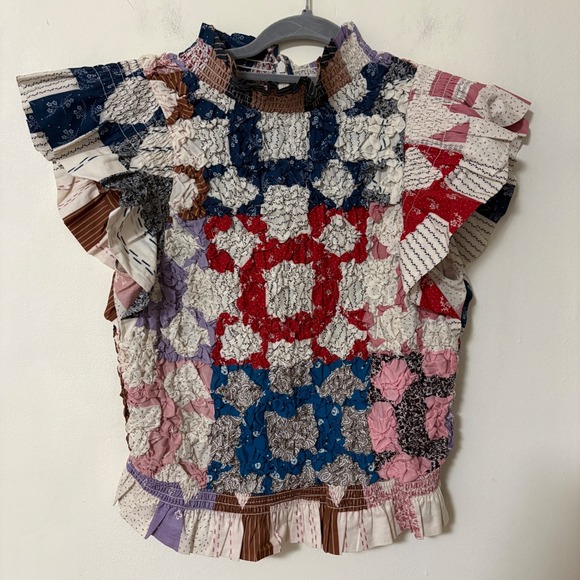 Sea New York Tops - Sea New York Womens Medium Nohr Quilt Top Smocked Patchwork Multicolor Blouse
